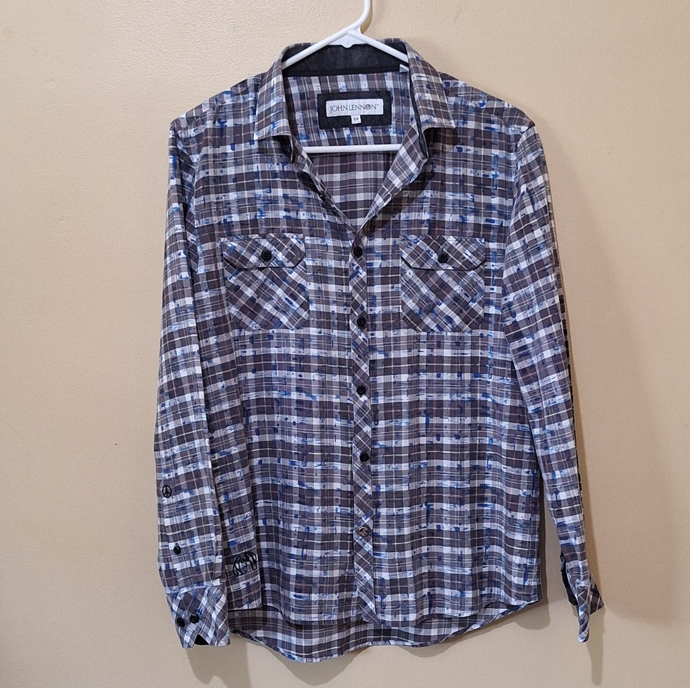 John Lennon Plaid Long Sleeve Button Down Shirt